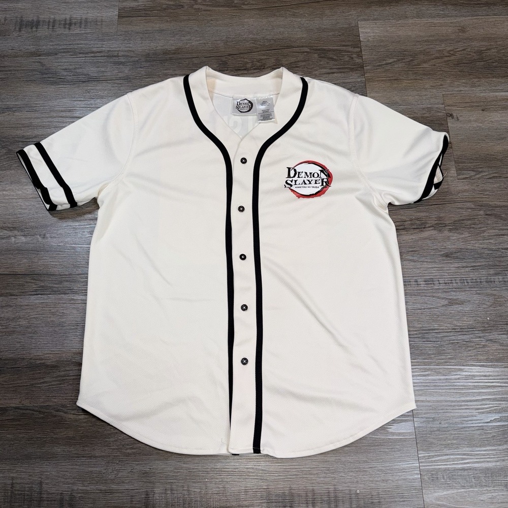 Demon Slayer Shirt Mens Small Cream Baseball Jersey Button-Up Kimetsu No Yaiba